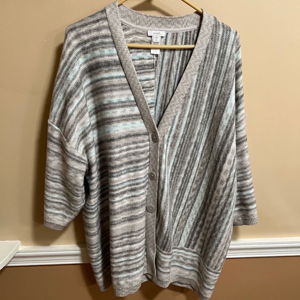 J JIll Sweater Womens Large Purejill  Cardigan Button Up 3/4 Sleeve Cotton